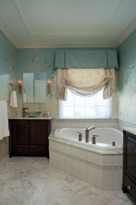 Calming blue, glass sink, ceiling detail in bathroom by A. Houck Designs