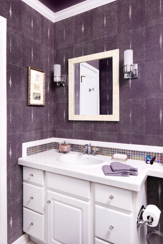 Rich purple, tile backsplash bathroom by A. Houck Designs