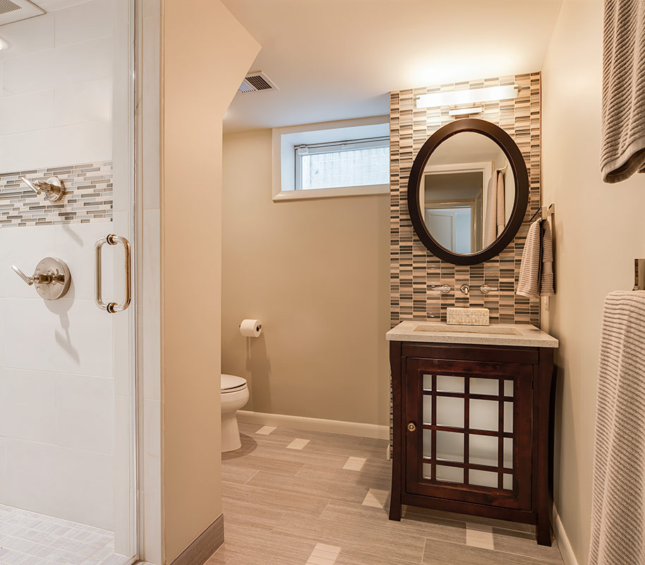 Mosaic backsplash and shower detail, modern design, bathroom by A. Houck Designs