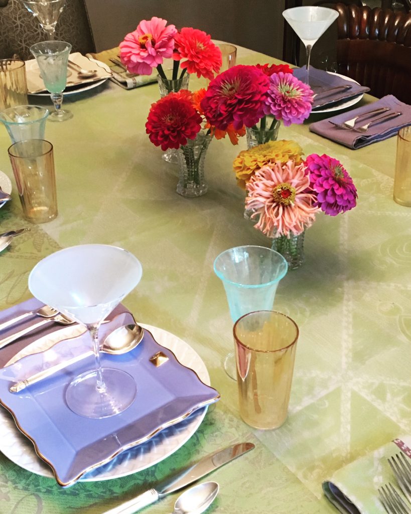 Tablescape with zinnia arrangements