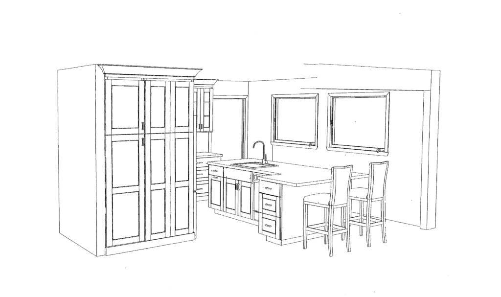 Rendering of clients' kitchen redesign showing new storage pantry and breakfast bar