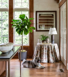 Vignette featuring skirted table in McLean great room