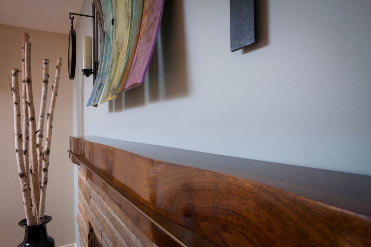 Eclectic interior design living room, custom fireplace mantel in Arlington, VA by A. Houck Designs