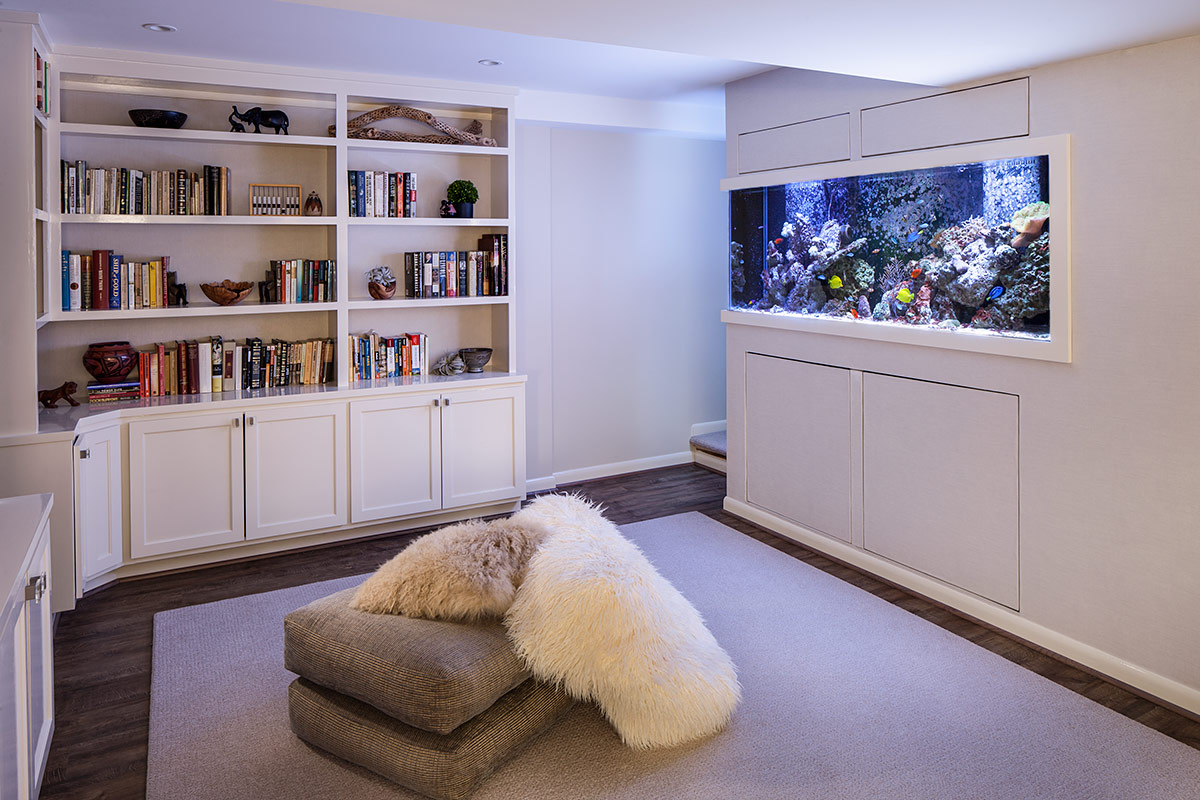 Modern basement remodel, bookshelf, aquarium in Arlington, VA by A. Houck Designs