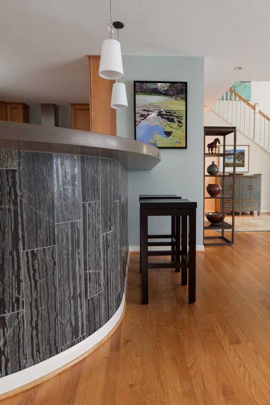 Crosscut marble and curved kitchen island in Arlington, VA by A. Houck Designs