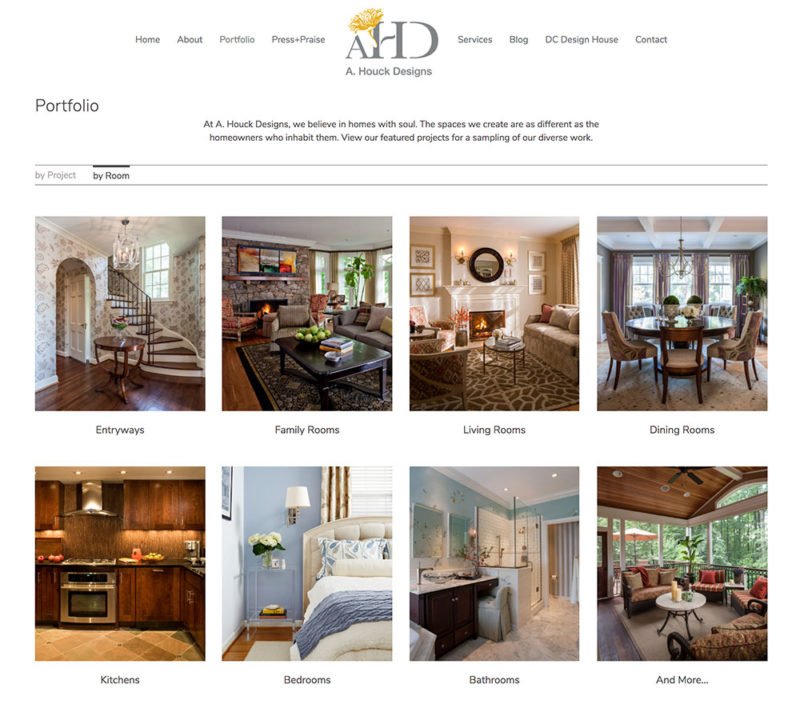 Portfolio page of new website with images sorted by room type