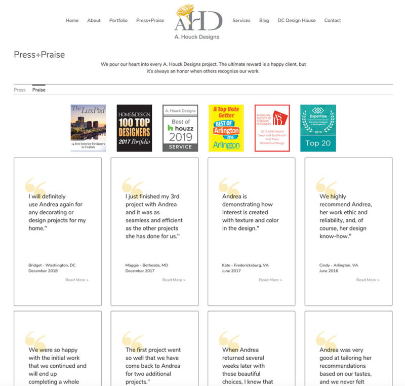 Praise page of new website with client testimonial pull-out quotes