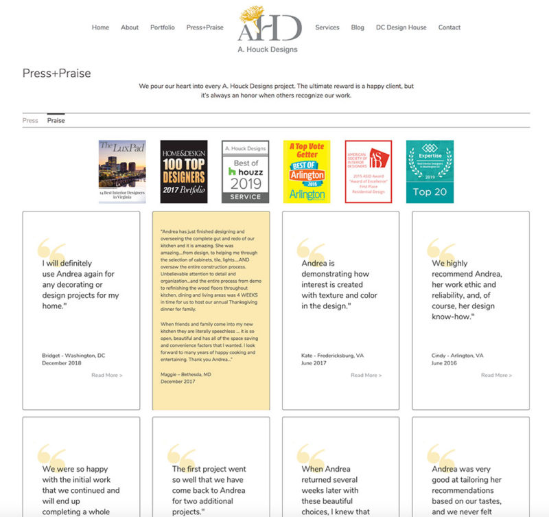 Praise page of new website with one client testimonial expanded