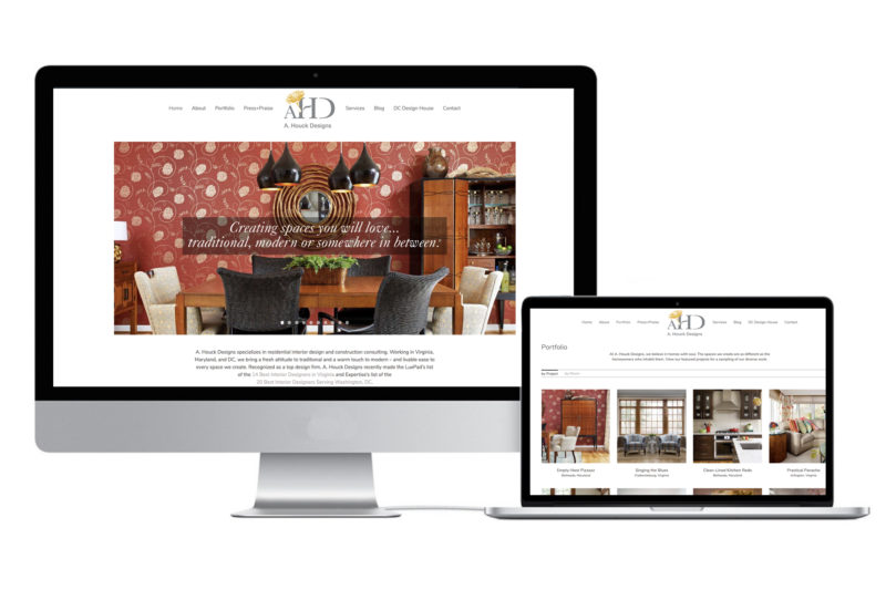 A desktop and laptop computer displaying pages of new A. Houck Designs website