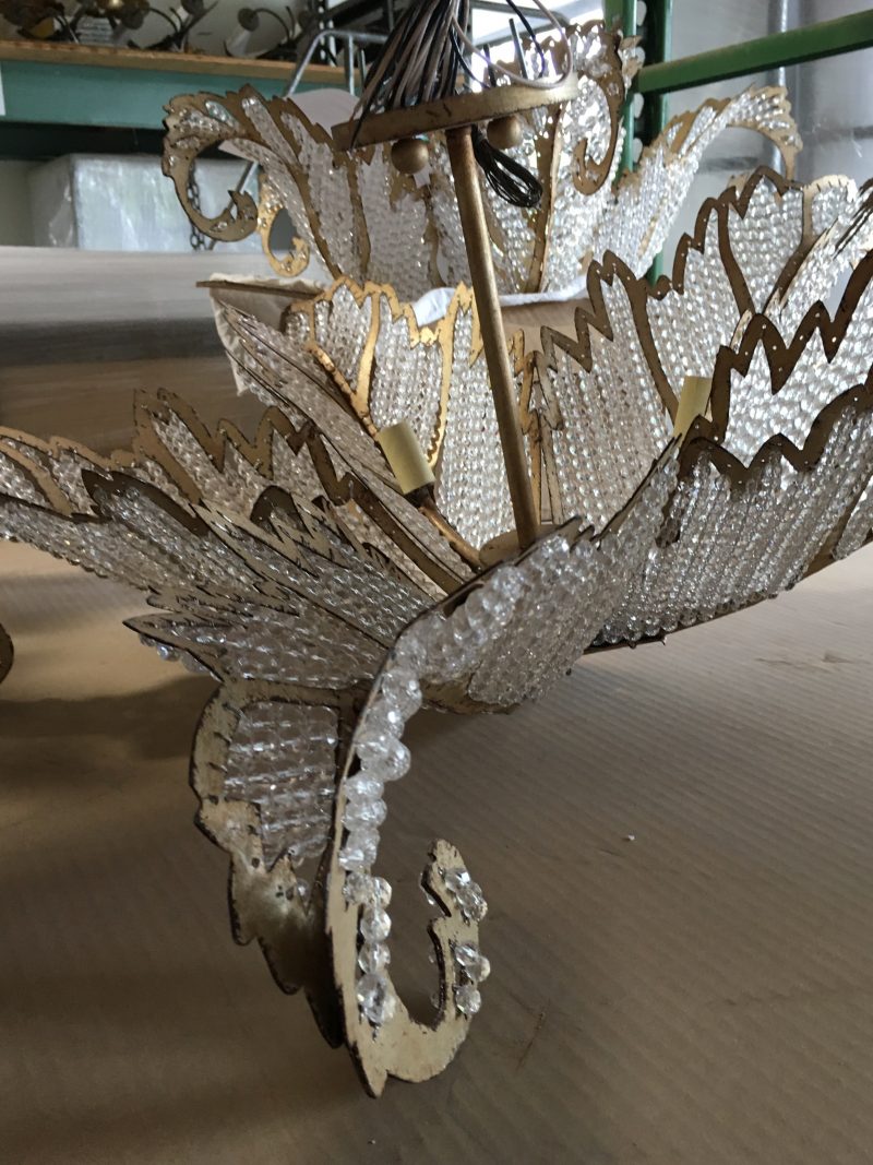 Close-up of crystal-beaded light fixture at Niermann Weeks studio