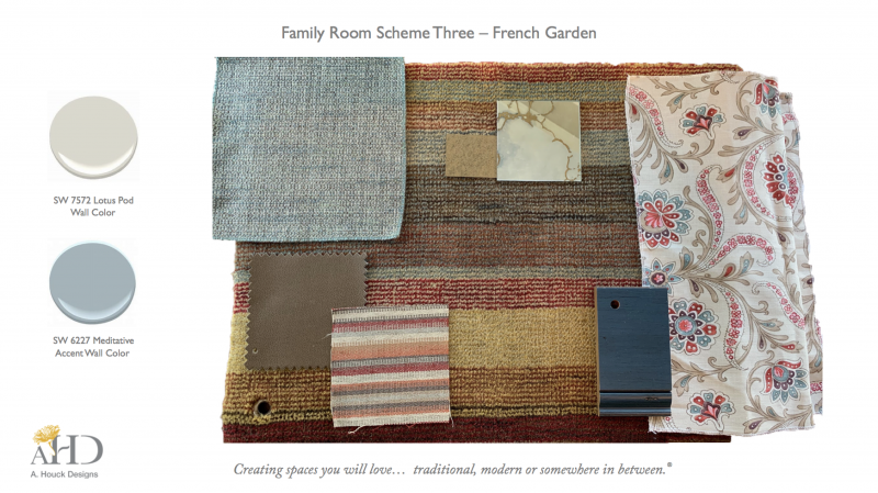 Family room design scheme featuring Nina Campbell floral print fabric