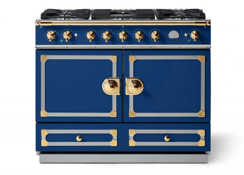 La Cornue range in blue finish with stainless and brass accents