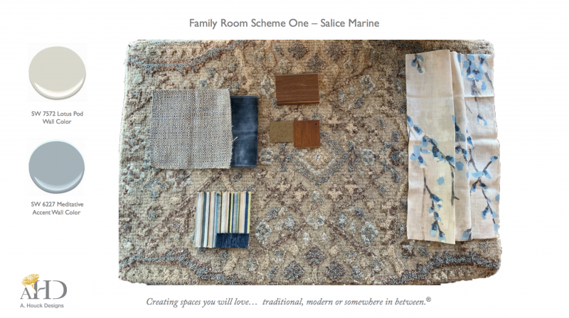 Family room design scheme featuring pussy-willow fabric 