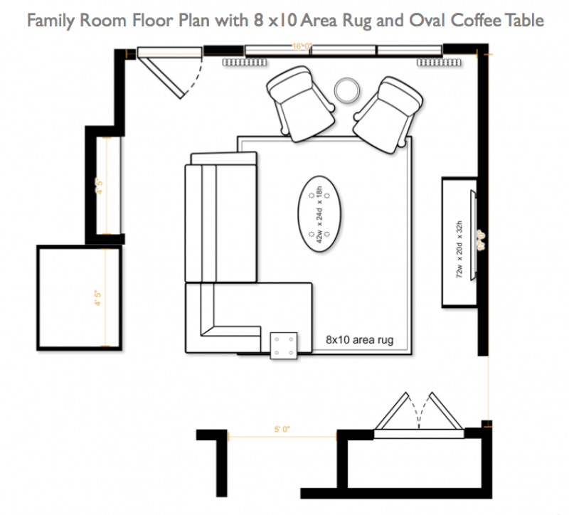 Family room family plan featuring 8' x 10' rug and oval coffee table