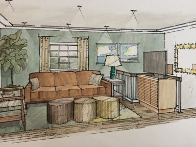 Rendering of living room for bachelor pad design