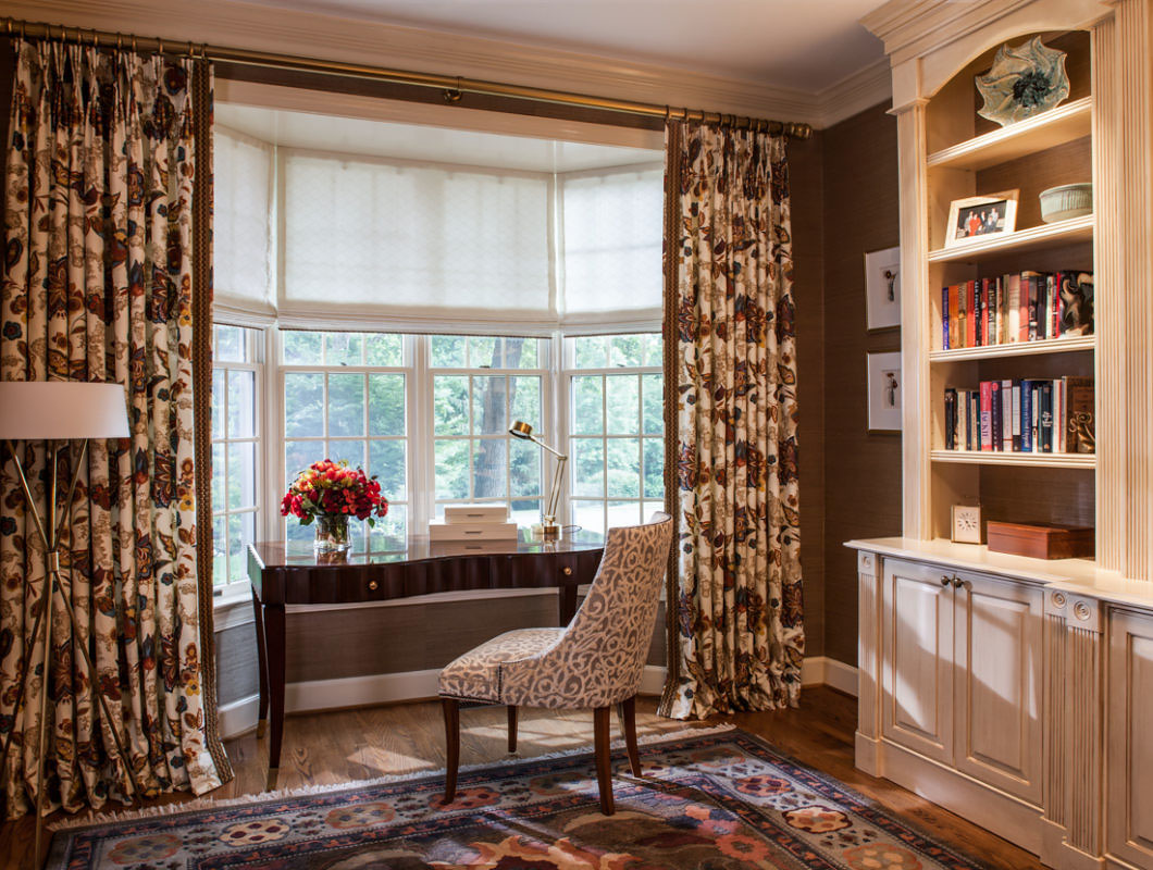Home office design, desk, chair, lighting and drapery