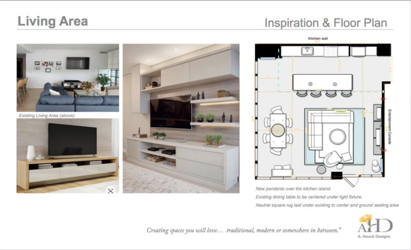 Presentation of floor plan and inspiration for condo living room