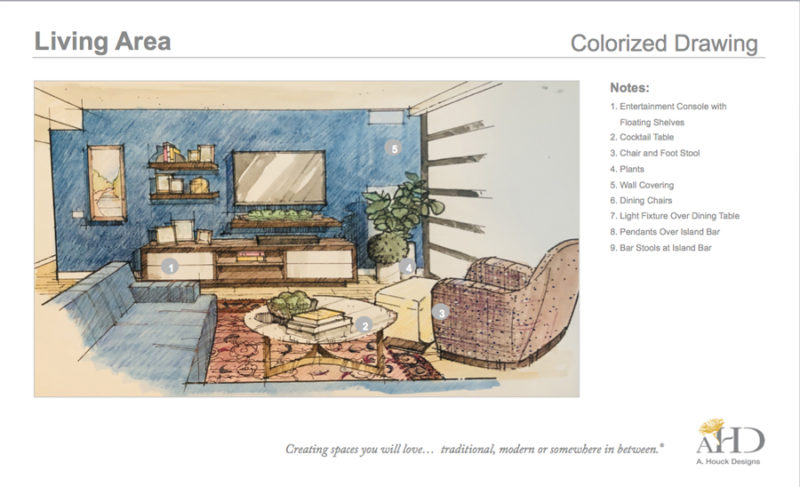 Color rendering of condo living area design