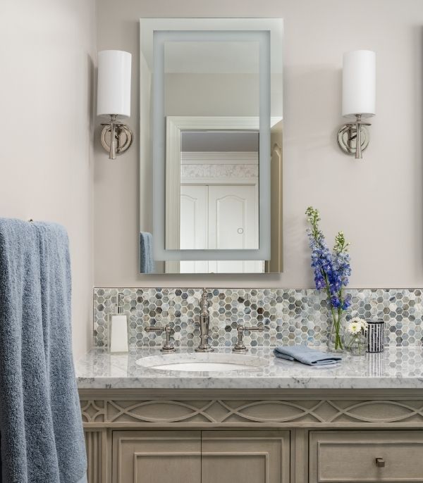 Bath remodel vanity with blue hexagon splash tile