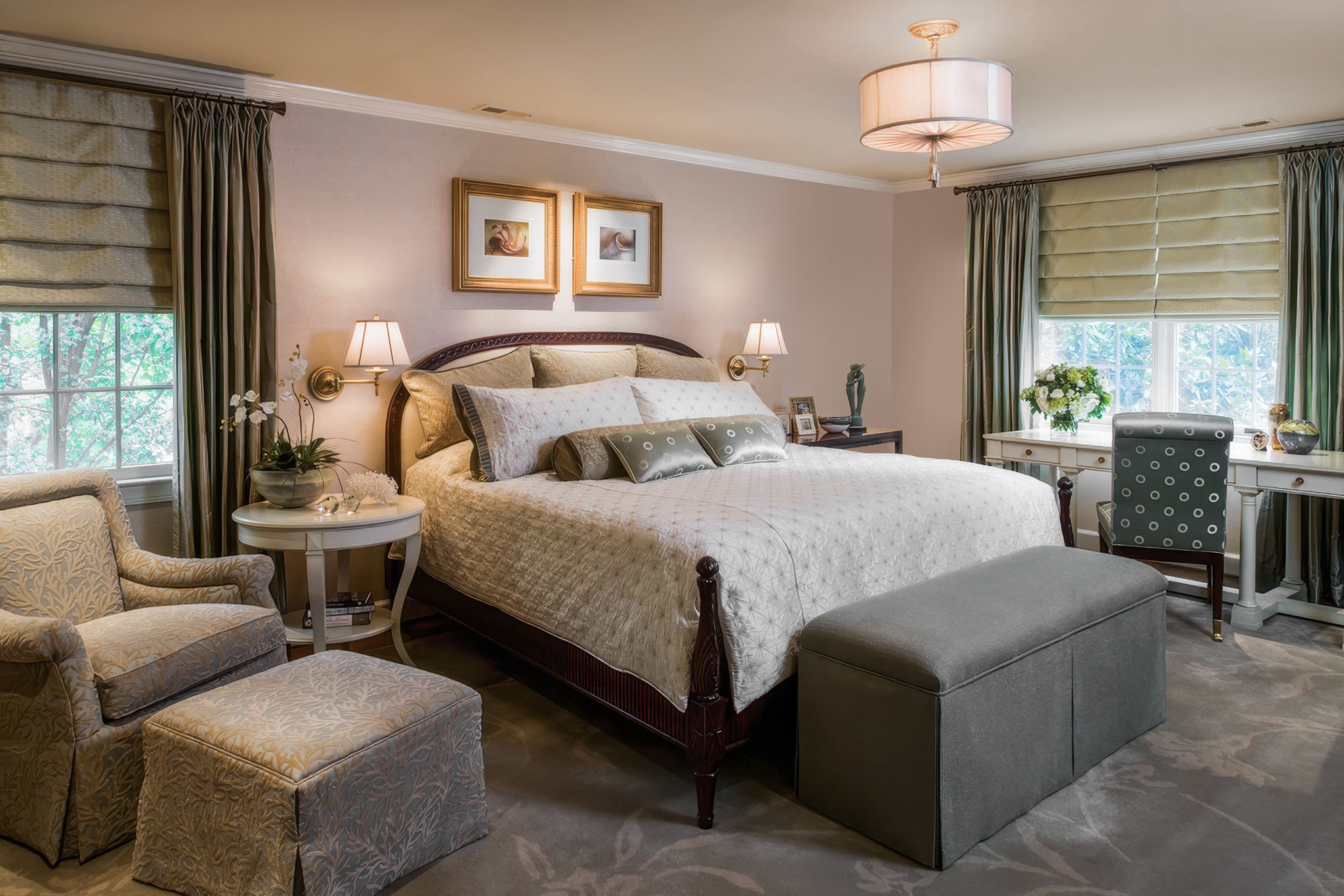 Luxury, bedroom, seating, desk in Arlington, VA interior design by A. Houck Designs