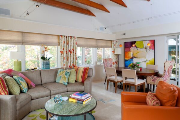 Bold color and patterns in contemporary great room in Arlington.