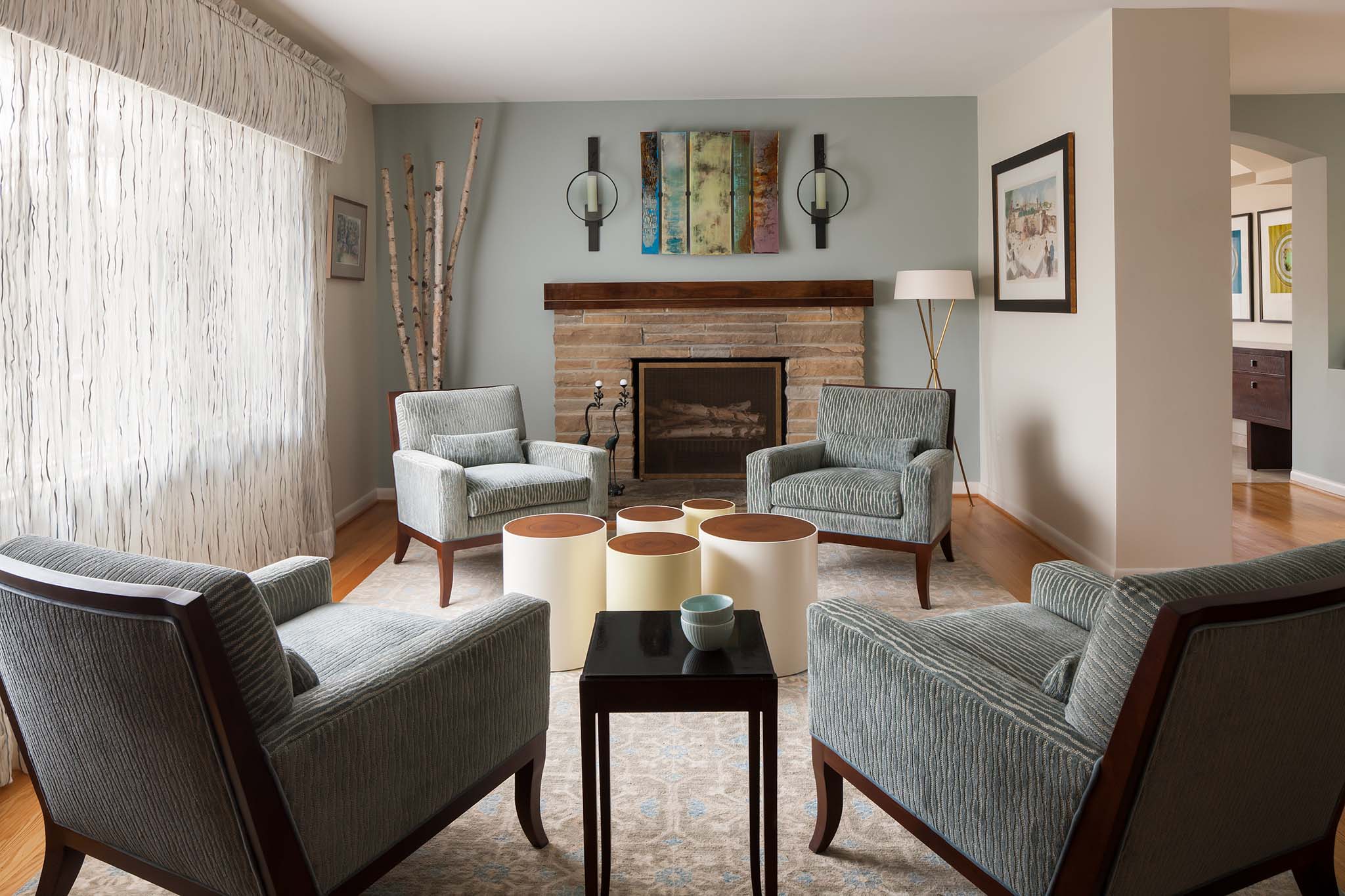 Arlington, VA living room, fireplace, eclectic design, four armchairs by A. Houck Designs.