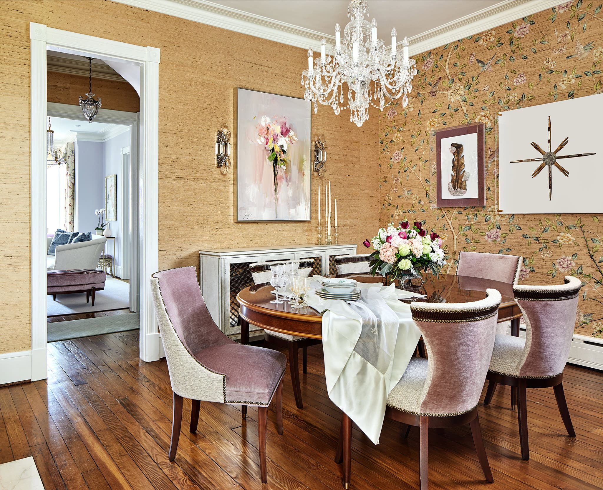 Capitol Hill dining with grasscloth on three walls and floral wallpaper on accent wall.