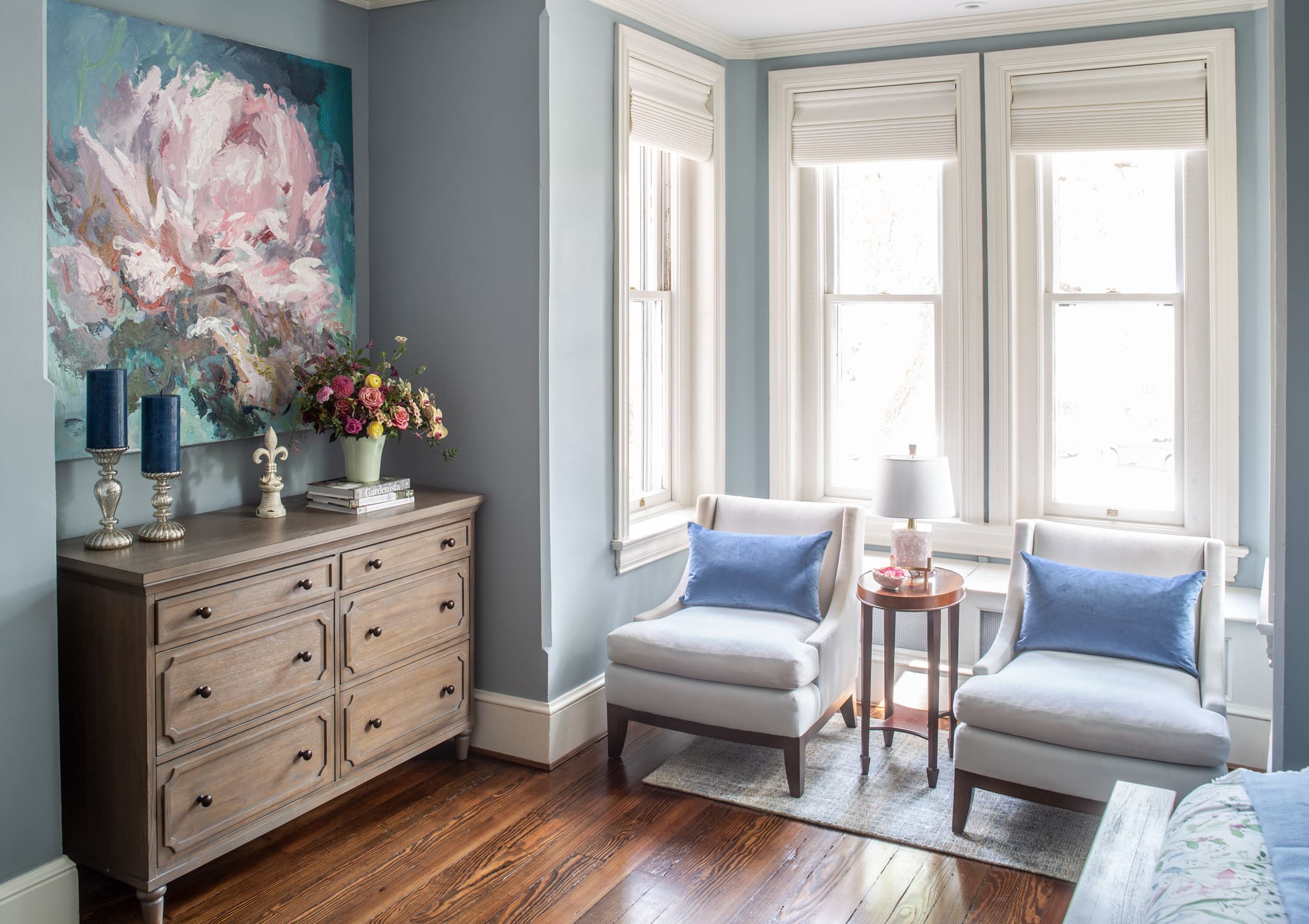 Sitting area in bedroom bay window.