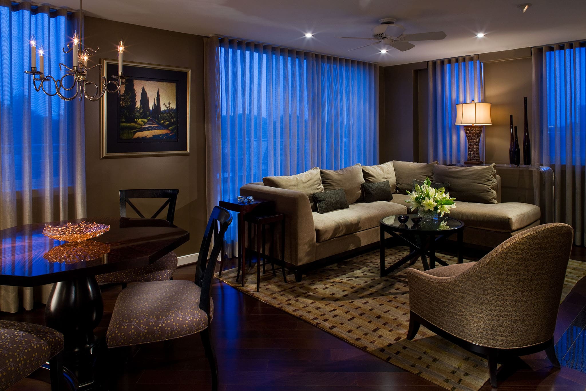 Perfectly scaled furniture, lighting, small condominium in Arlington, VA by A. Houck Designs.