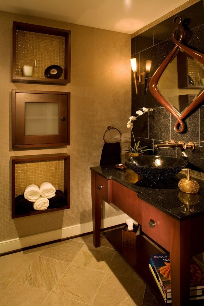 Modern with clean lines powder room by A. Houck Designs.