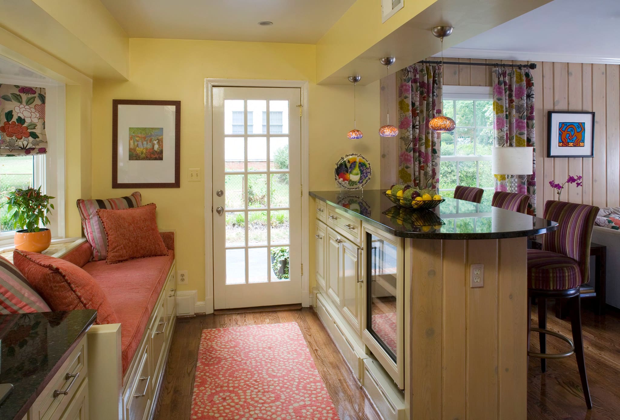 Wine fridge and bar, window seat by A. Houck Designs.