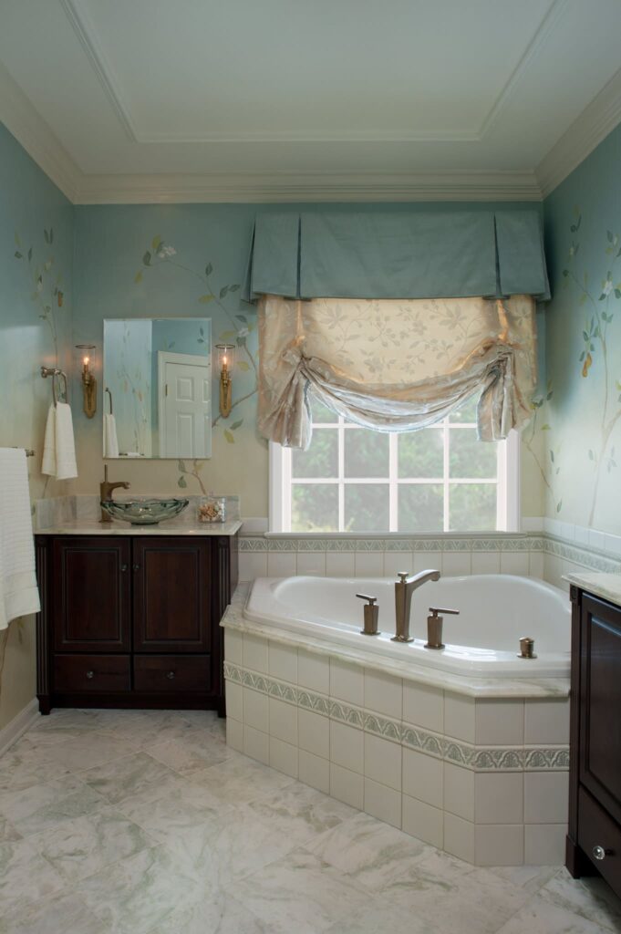 Calming blue, glass sink, ceiling detail in bathroom by A. Houck Designs.