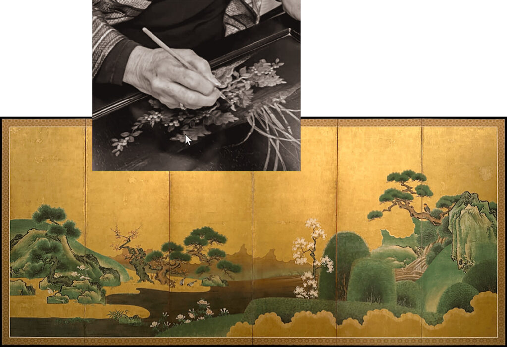 Artist painting intricate floral designs on a gold-leaf screen, showcasing traditional craftsmanship.