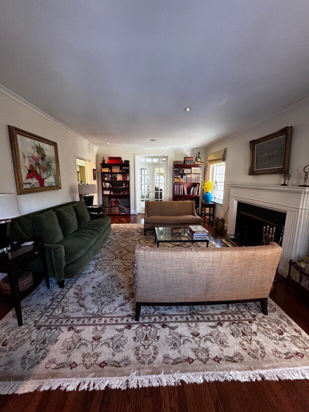 Living room with green sofa, beige armchair, patterned rug, bookshelves, fireplace, and artwork on walls.