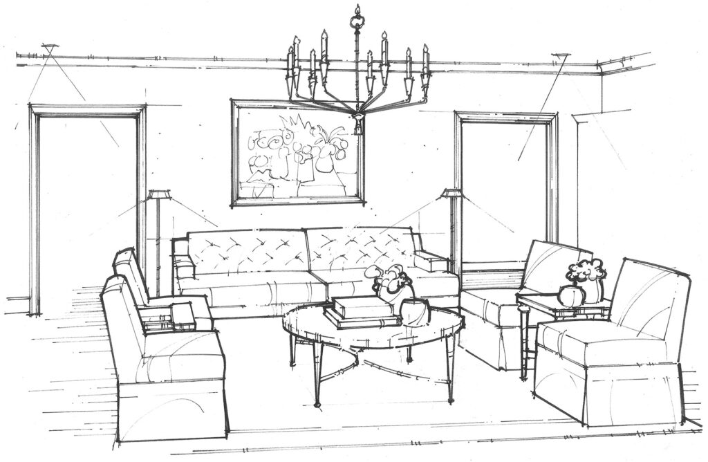 Sketch of living room with tufted sofa, armchairs, round coffee table, and chandelier.