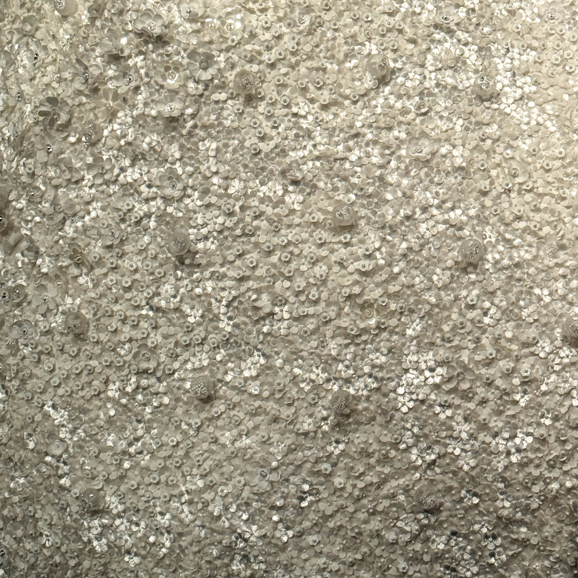 Close-up of a textured surface featuring small, light-hued floral patterns and shimmering details.