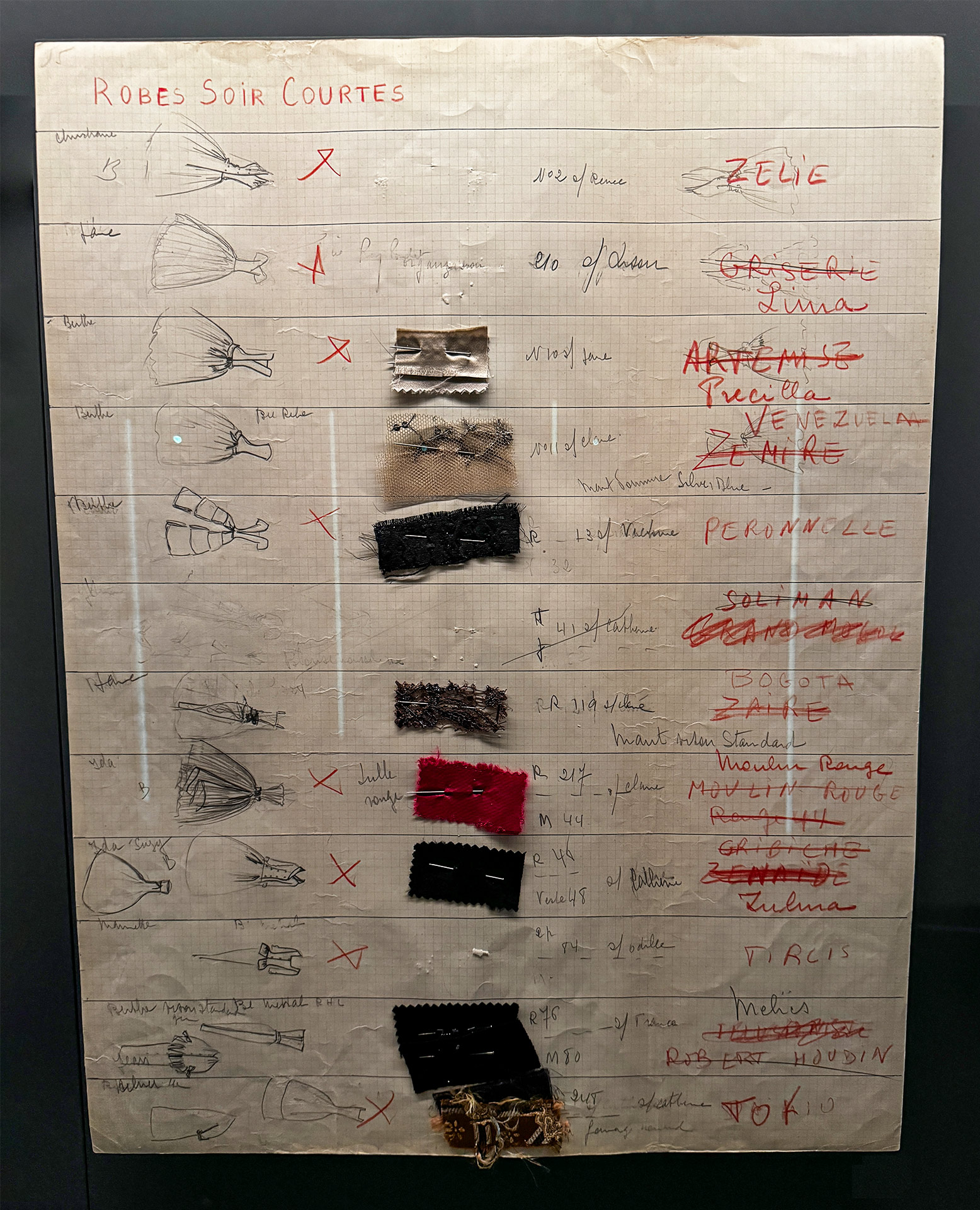 Annotated fashion design board featuring sketches and fabric swatches for evening dresses, labeled in French.
