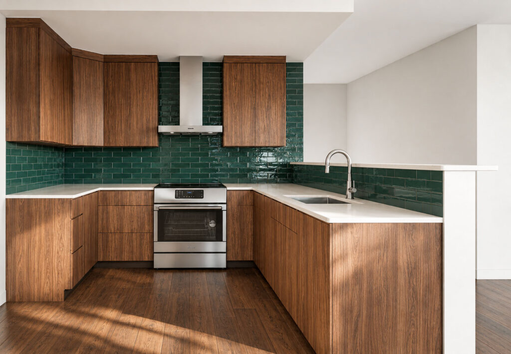 Modern kitchen with wooden cabinets, green tile backsplash, stainless steel appliances, and a sleek white countertop.