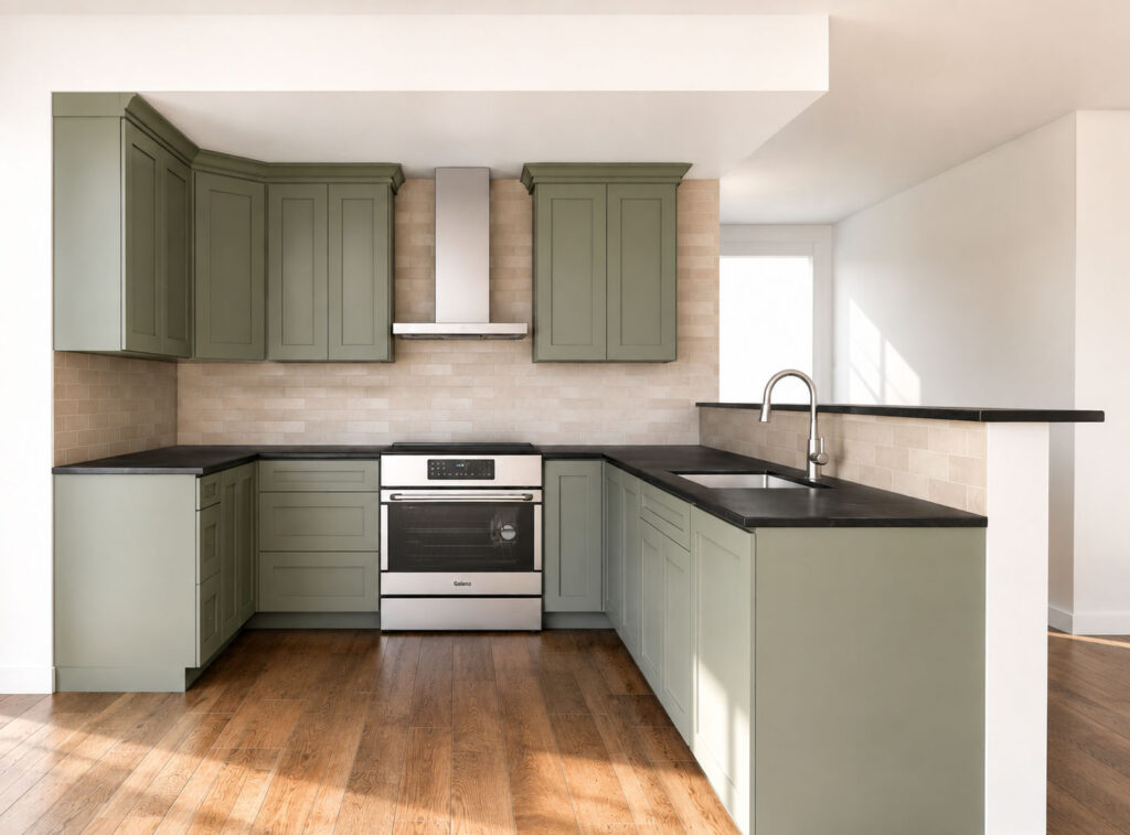 Modern kitchen with green cabinets, wooden flooring, stainless steel appliances, and a black countertop.