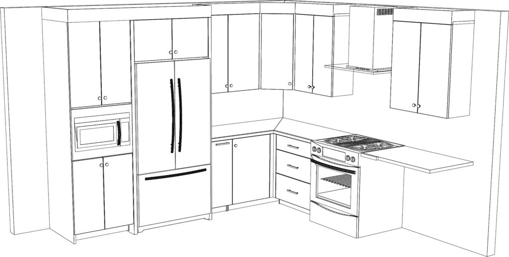 Modern kitchen layout sketch with cabinets, fridge, microwave, and stove.