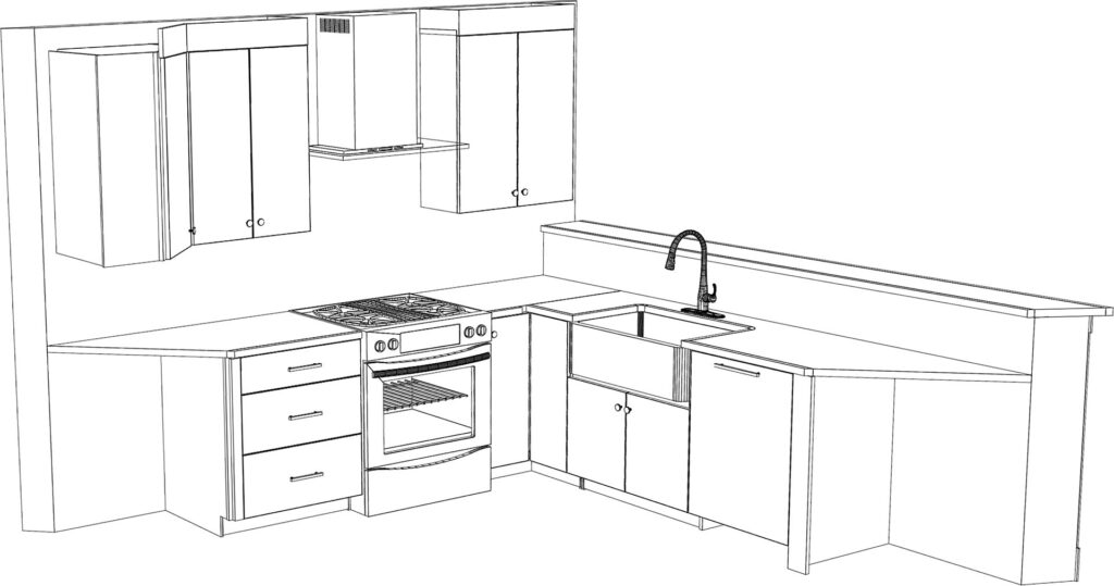 Sketch of an L-shaped kitchen design with cabinets, stove, and sink, featuring modern cabinetry and appliances.