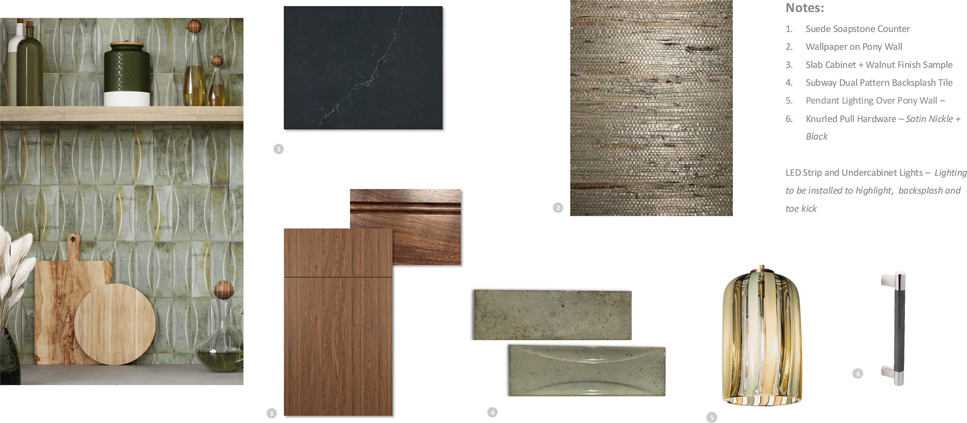 Kitchen design mood board with textures, counters, cabinets, tiles, lighting, and hardware samples.
