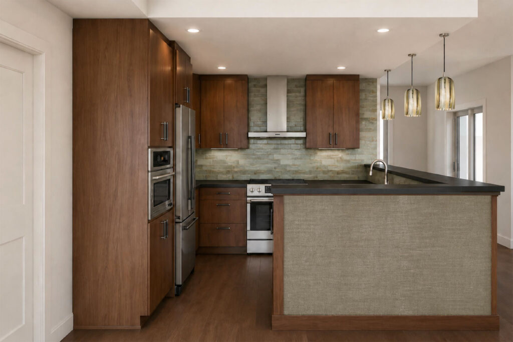Modern kitchen with wooden cabinets, stainless steel appliances, and pendant lighting over a dark countertop island.