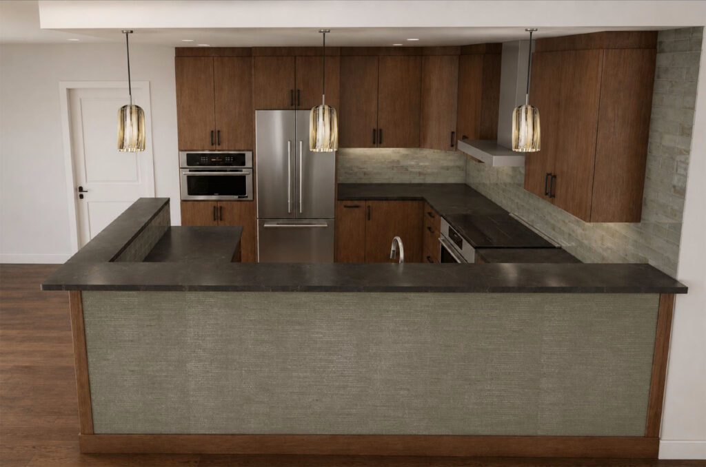 Modern kitchen with dark countertops, stainless steel appliances, pendant lighting, and wood cabinets.