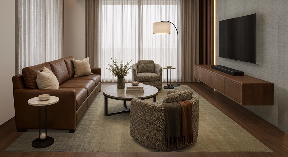 Modern living room with brown leather sofa, cozy chairs, round coffee table, floor lamp, and large wall-mounted TV.